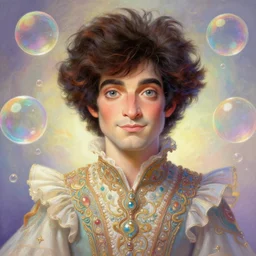 bob ross android, dreamy and ethereal, ( colour ) eyes, peaceful expression, ornate frilly dress, fantasy, intricate, elegant, rainbow bubbles, highly detailed, digital painting, artstation, concept art, smooth, sharp focus, illustration, art by artgerm and greg rutkowski and alphonse mucha