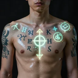 a young man has beautiful glowing tattoos on his chest and shoulders, that are of ancient symbols and runes that glow brightly when he casts magic by hieronymous bosch and marc simonetti, style of glossy reflections