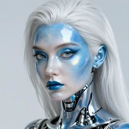 hyperrealistic close-up of art deco cyborg woman with white hair and pearlescent blue skin wayne barlowe machiej kuciara very dramatic lighting on one side wide angle 35mm shallow depth of field 8k