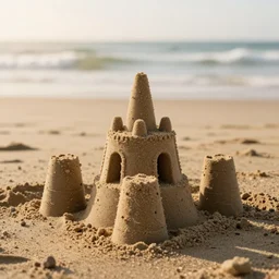 sand castle on beach golden hour
