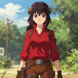 beautiful anime woman, wearing full clothing red shirt brown pants, clockpunk, black and red hair hair, symmetrical face, symmetrical eyes, full round face, short smile, detailed, summer setting, cinematic lighting, makoto shinkai, artgerm, yoji shinkawa, ilya kuvshinov, loish