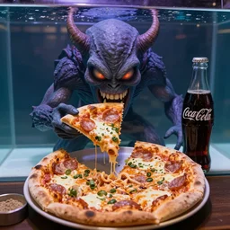 cthulhu eats pizza and drinks coke in an aquarium