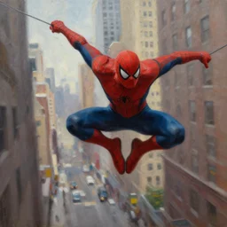 oil painting of spiderman swinging through new york city buildings. epic, sense of motion, motion blur, artstation, artgerm