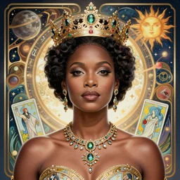 thandiwe newton portrait by louis - theophile hingre and alphonse mucha, realistic, sharp focus, zodiac signs, tarot cards, planets, ethereal, art nouveau, magic, moon, sun, crown, dreamy, royal, jewellery