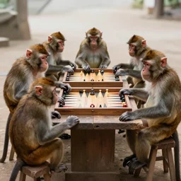 A beautiful performance art of a group of monkeys playing backgammon. The monkeys are seated around a table, with some of them appearing to be deep in concentration while others appear to be playing more casually.  by Gwenda Morgan robust
