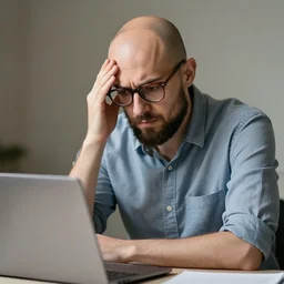 photo of a bald jewish man with a short beard and brown glasses sitting at a laptop, looking disappointed