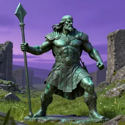 a grand bronze statue of a burly muscular viking, wielding a large halberd threateningly in one outstretched hand, flowing hair and long robes, regal and menacing visage, built in a verdant field surrounded by ancient ruins, at dusk with purple twilight sky, enhanced 4 k stylized digital art