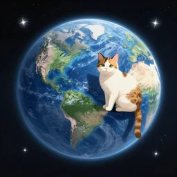 A cat sitting on the planet earth in space, digital art