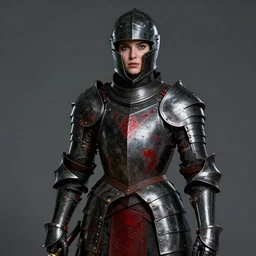 Katherine McNamara as a Knight, Black and Red plate armor, high fantasy, no helmet, realistic, by Leng Jun, by Frank Franzzeta, trending on Artstation, artstationHD, artstationHQ, cgsociety, deviantart