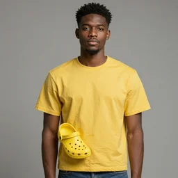 black young man with a shirt made out of yellow crocs