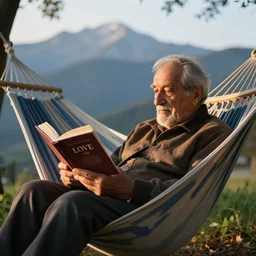 my older italian wise friend on a hammock, reading the book about love, face iluminated by new knowledge, mountains in a background