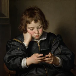 renaissance painting of a kid bored with his IPhone