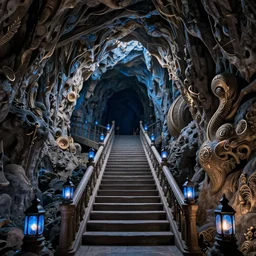 staircase leading towars the bottom of a cavern lit by blue lanterns and ember, magnificent, close up, details, sharp focus, elegant, highly detailed, illustration, by Jordan Grimmer and greg rutkowski and PiNe(パイネ) and 薯子Imoko and 香川悠作 and wlop and maya takamura, intricate, beautiful, Trending artstation, pixiv, digital Art