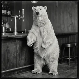 a polar bear at a bar, standing on two legs on the floor. beer tap. daguerrotype