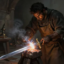 a blacksmith hitting a forged sword, deep focus, d & d, fantasy, intricate, elegant, highly detailed, digital painting, artstation, concept art, matte, sharp focus, illustration, hearthstone, art by artgerm and greg rutkowski and alphonse mucha