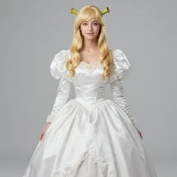 a woman cosplaying fiona from shrek in an opera gown