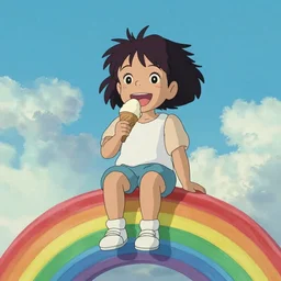 a little 👧🏾 girl with dreads eating ice cream smiling, sitting on top of a rainbow, studio ghibli style