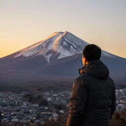 hyperealistic, 4k photograph of a Irish man staring into the sunset on Mount Fuji