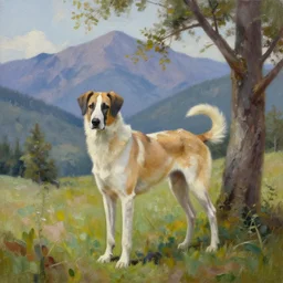 appaloosa in the mountains by a tree, oil painting