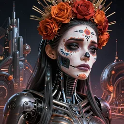 beautiful crying! female android!, scifi, intricate detailed environment, photorealistic!, octane render, concept art, cinematic, interstellar, ultra detailed, sharp, el dia los muertos!, cyberpunk, bladerunner, 8 k, by angus mckie, moebius, maciej kuciara, stanley lau, artgerm, greg rutkowski