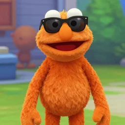 bip bippadotta in sims 4, orange fuzzy muppet, screenshot, wearing sunglasses