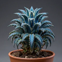 a photograph of a blue fantasy sci fi hybrid tropical desert mutant weird exotic poisonous flora plant cannabis succulent in a pot, hyper realism, octane render, 8 k, hyper detailed, vivid, ultra detailed, highly detailed