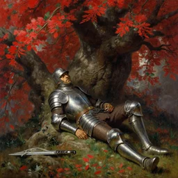 a tired male warrior wearing armor relaxing under a huge tree with red flowers, fantasy, painting by gaston bussiere, craig mullins, j. c. leyendecker, trending on artstation