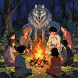 a painting of a group of people around a fire while a wolf god watches them, a storybook illustration by naoko takeuchi, behance contest winner, fantasy art, artstation hq, official art