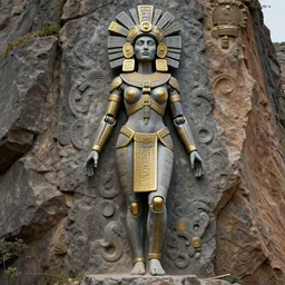 beautiful aztec inca woman colossus full body well proportioned pacing to cliffs by eddie mendoza hyperrealism expressive eyes cyborgess symmetrical very detailed giger beksinski grey and gold