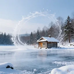 winter landscape frozen lake hut splash art graphic design art, fantasy, highly detailed, art by greg rutkowski