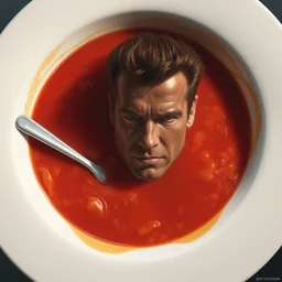 arnold schwarzenegger in a tomato soup, hyper detailed, digital art, artstation, cinematic lighting, studio quality, smooth render, by peter mohrbacher, hajime sorayama, wayne barlowe, boris vallejo, aaron horkey, gaston bussiere, craig mullins