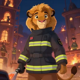 beautiful portrait of a female anthropomorphic lioness fursona wearing a firefighter uniform putting out a burning building at night. character design by disney, charlie bowater, ross tran, artgerm, and makoto shinkai, detailed, soft lighting, rendered in octane