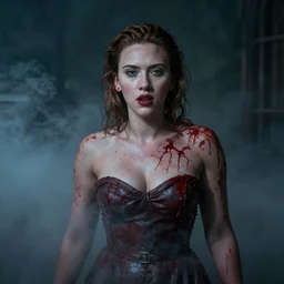 surreal scarlett johansson covered in blood mysterious foggy misty room, beautiful, pscychodelic, trending on artstation, artwork by Nicolas Winding Refn