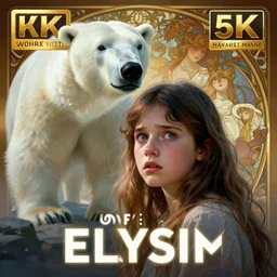 young girl, afraid of a polar bear in the background, art of elysium by jeremy mann and alphonse mucha, fantasy art, photo realistic, dynamic lighting, artstation, poster, volumetric lighting, very detailed face, 8 k, award winning