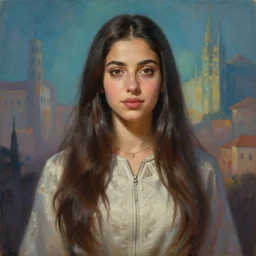 portait ibtissam ittouchane, centred, long hair, hd, unreal engine, art painting, final fantasy style, amazing background theme