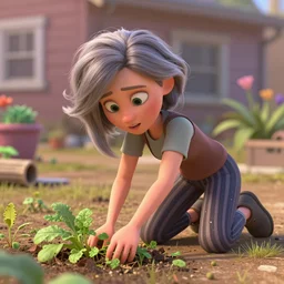 a pixar 3 d character, a beautiful and mad canadian woman, on her knees, pulling weeds out frantically, some grey hair, stripey pants, octane render, 8 k, toy story,