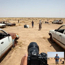 a first person view of a desolated land with few people asking filling their water tanks, rusty vehicles, abandoned objects, record hot heatwave, desperate people in rags, reporter, live footage, canon 3 5 mm lens