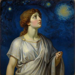 painting of hypatia of alexandria, beautiful ancient greek curly - haired woman, looking in awe at the night sky full of stars - w 7 6 8