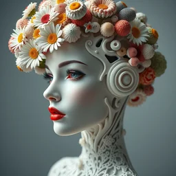 biomechanical beautiful woman portrait with a smooth carved porcelain ivory profile face, futuristic haute couture, iris van herpin, headdress with daisies, colorful puffballs, mushrooms, rhizomorphs, brackets, sponge corals, laser cut fractal lace, red plump lips, beautiful eyes, hyper detailed, ultra sharp, soft rim light, 8 k, uhd