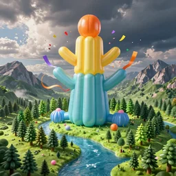 inflatable landscape with forest, river and mountains in the middle of the frame colossal balloon statue surrounded by colorful ribbons and party confetti , concept art, huge scale, high detail, sci fi by James Jean