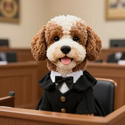 a closeup photorealistic photograph of a cute smiling knitted bernedoodle judge dog dressed in a black gown, presiding over the courthouse. indoors, professional capture, well lit shot. this 4 k hd image is trending on artstation, featured on behance, well - rendered, extra crisp, features intricate detail, epic composition and the style of unreal engine.