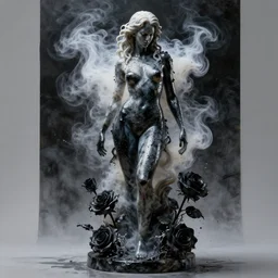 full body translucent marble statue of a fierce wet fashion model, swirling white and black smoke, mist, splash, sweat skin, liquid black metal, black roses, poster art, high detail, intricate oil painting, deep black mood, hyperrealism, 3 d, by tooth wu and wlop and beeple and greg rutkowski