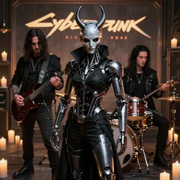 cyberpunk black metal band, 3 - piece, guitarists, bassist, drummer, vocalist, all black cyberpunk clothes, robotic prosthetic limbs, dermal implants, detailed faces, cyborg satan, futuristic, realistic, promo photograph, epk, room full of candles, dramatic lighting, high quality photograph, highly detailed, sharp, peter beste