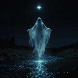 dark eerie movie frame, a ghost floating above the magic shining river styx, northern star at night, otherworldly, dreamlike, stanley kubrick, 1 7 mm, panorama shot, surreal, deep, detailed 4 k