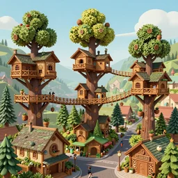 treetop elf village made up of treehouses and connected by rope bridges. Elaborate fancy wood-carved decorations. Street level view. Detailed digital art trending in artstation