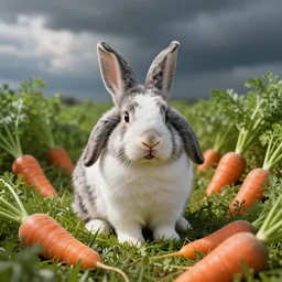 bunny with floppy ears in a grassy field surrounded by carrots, white and black spots, happy, photo