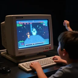 close up photorealistic cinematography still of a kids cheering on an 8 bit video game with excitement in front of a glowing photorealitsic a digital vt 1 0 0 computer terminal display sitting on desk surrounded by darkness in a pitch black soundstage shot on eastman 7 2 4 7 1 6 mm film with a cooke panchro 6 5 mm macro lens