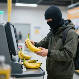 a man with a ski - mask at a self checkout stealing a banana, trending on artstation, depth field, unreal engine, cinematic, hyper realism, high detail, octane cinema 4 d render, a 2 4 cinematography, 8 k