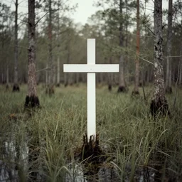 a white cross in a swamp, faded photography