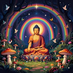 buddha on the ground in a sacred sanctuary, enchanted cosmic forest, mushrooms on the ground, small fairies, stars in the sky, butterflies, rainbows, psychedelic, wide angle shot, vector art, optical illusion, heavenly, high contrast 4 k, fantasy poster by helen huang and frank frazetta and salvador dali
